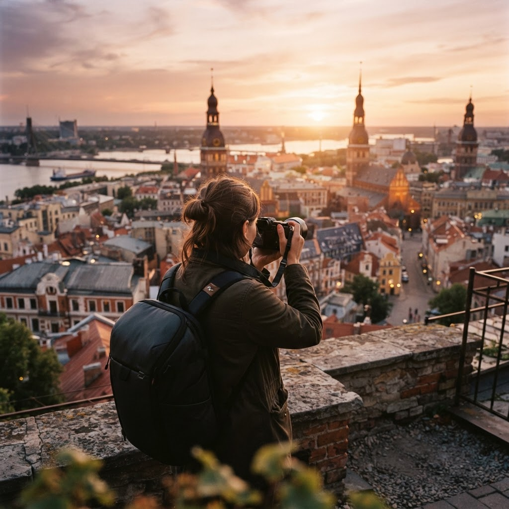Fotogrāfs fotografē Rīgas vecpilsētas jumtus un baznīcu torņus zeltainā vakara gaismā