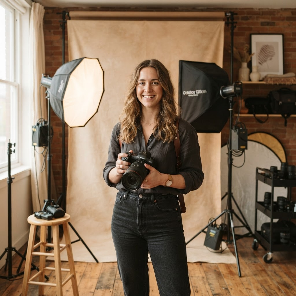 Fotogrāfs profesionālā fotostudijā ar softbox apgaismojumu